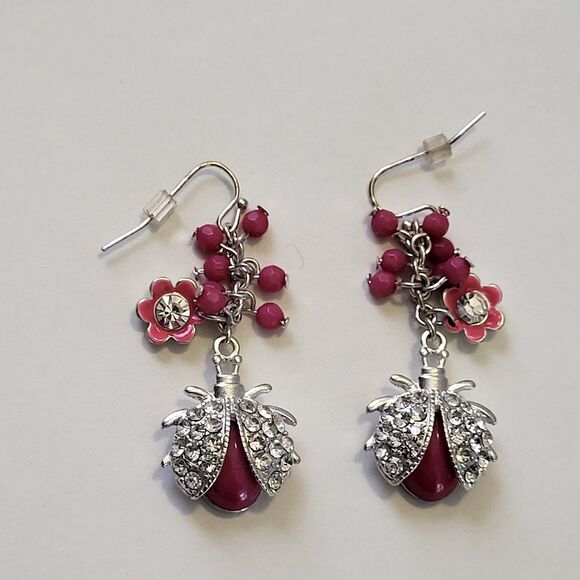 Pink Bug Ladybug And Flower Rhinestone Embellished Dangle Artisan Earrings - Picture 3 of 4